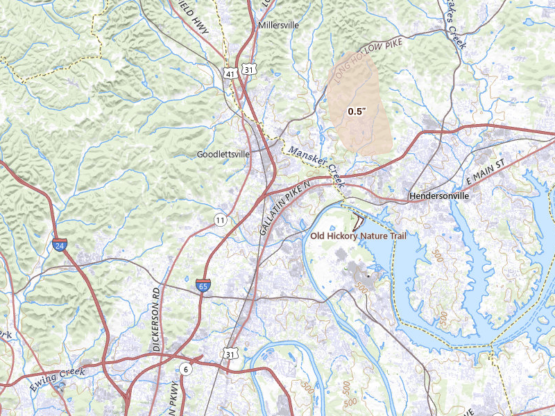 Radar-estimated hail-size map of the storm over Madison, TN on Jul 21, 2026