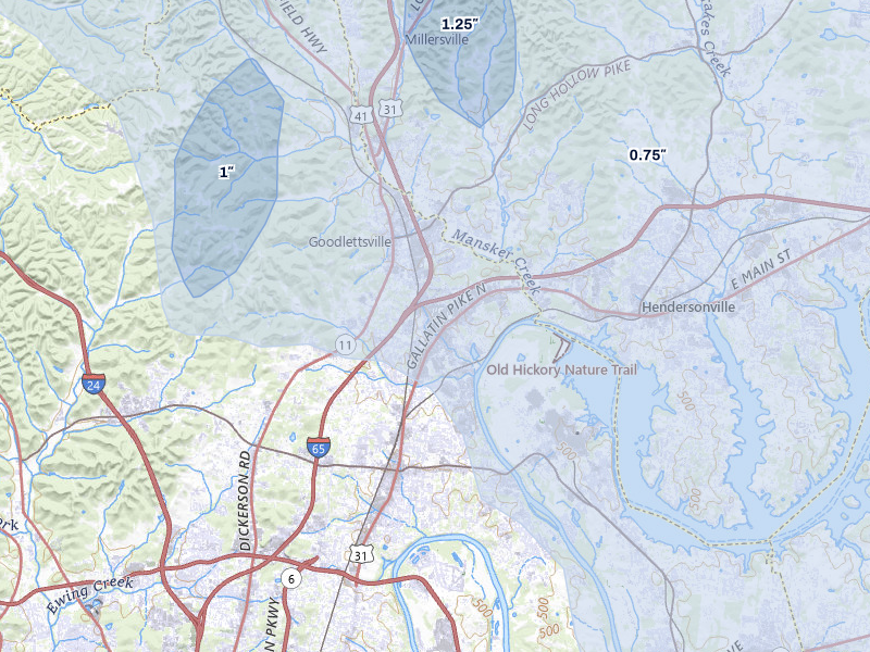 NEXRAD radar-signature map of the hail over Madison, TN