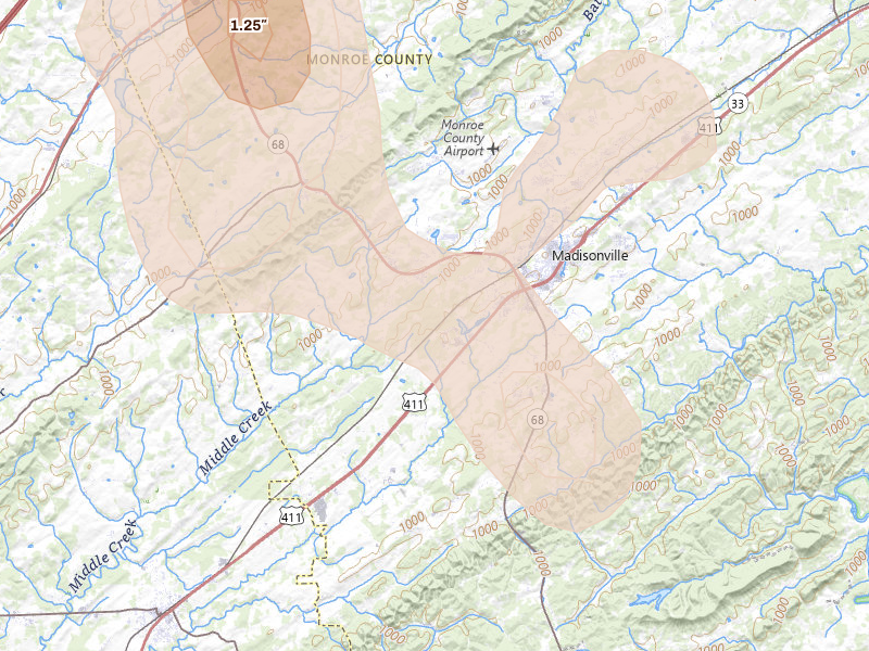 Radar-estimated hail-size map of the storm over Madisonville, TN on Jul 3, 2026