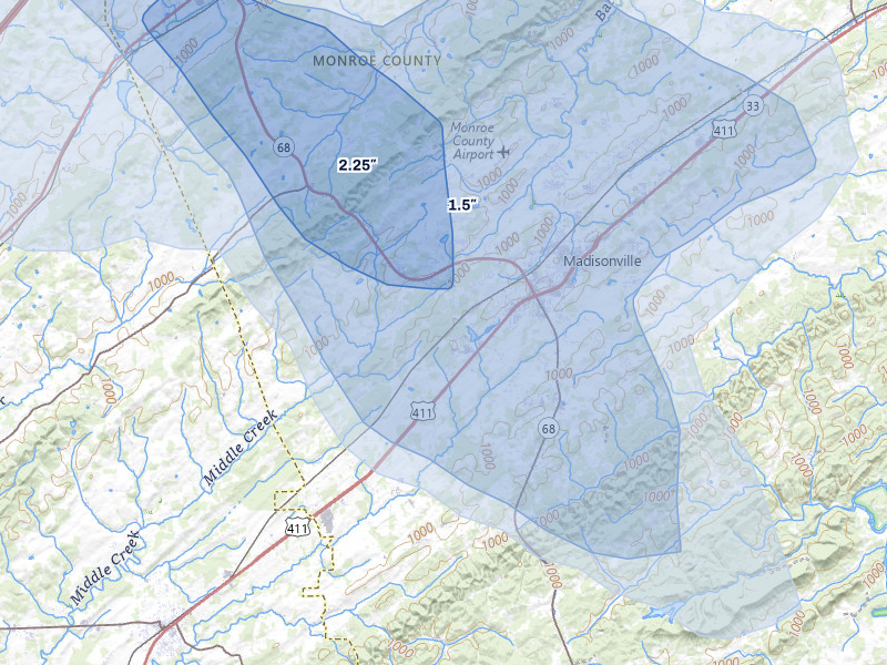 NEXRAD radar-signature map of the hail over Madisonville, TN