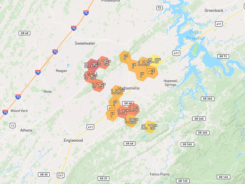 Hail map of Madisonville, TN on Jul 3, 2026, hail up to 2.25"