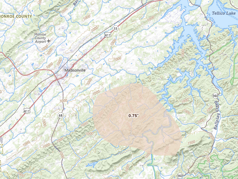 Radar-estimated hail-size map of the storm over Madisonville, TN on Aug 17, 2026