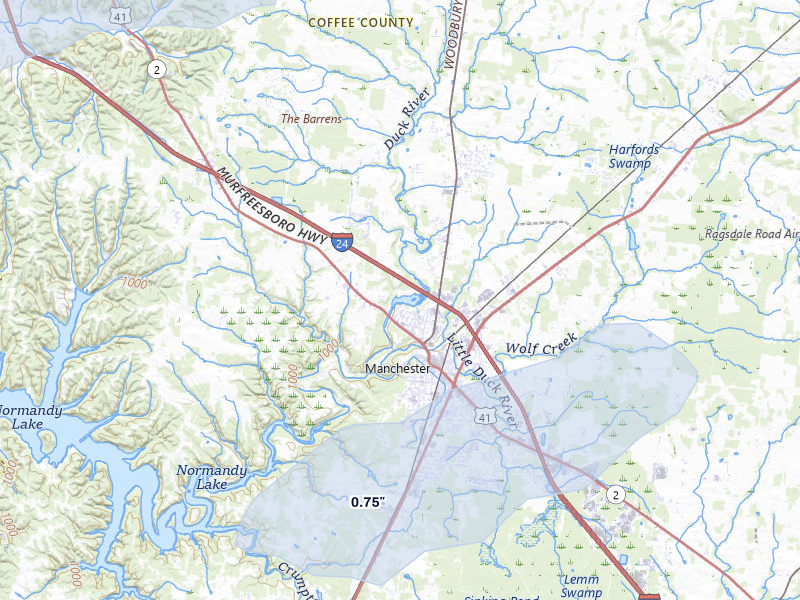 NEXRAD radar-signature map of the hail over Manchester, TN