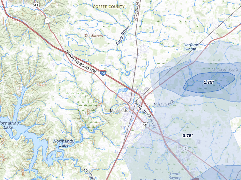 NEXRAD radar-signature map of the hail storm over Manchester, TN on Jul 3, 2026