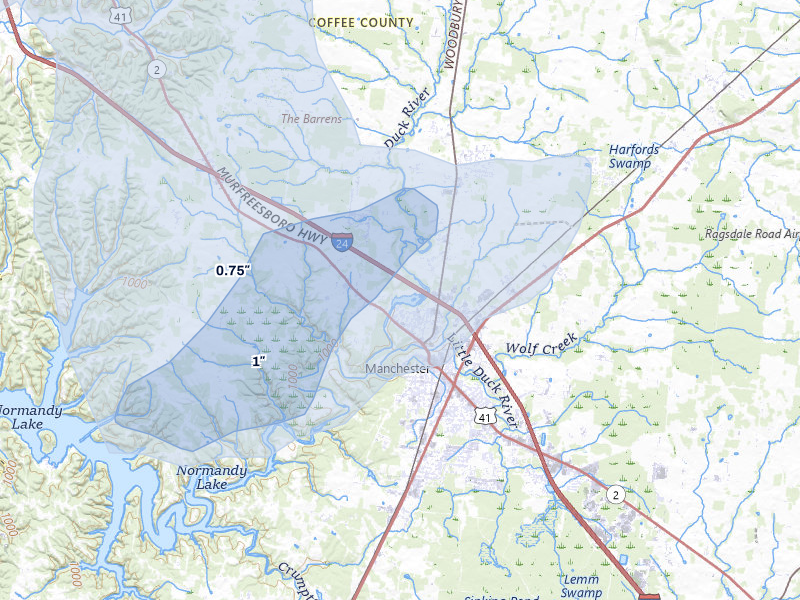 NEXRAD radar-signature map of the hail storm over Manchester, TN on Jul 5, 2026