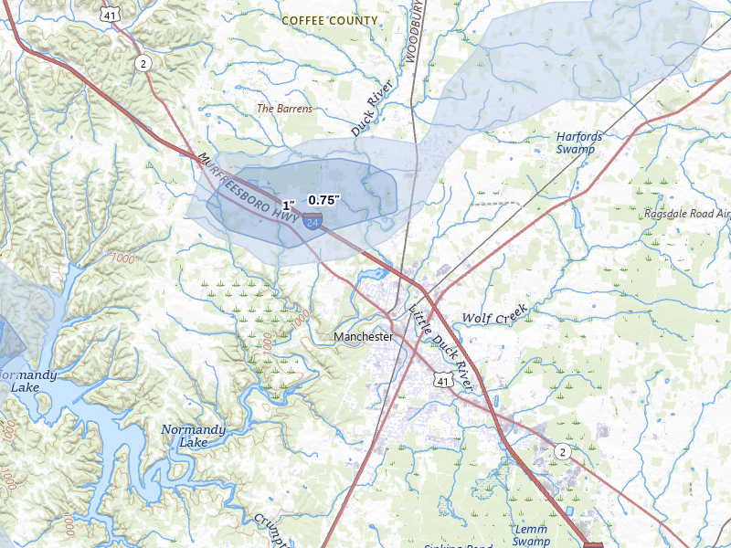 NEXRAD radar-signature map of the hail storm over Manchester, TN on Jul 11, 2026