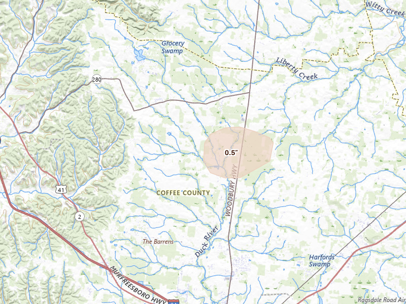 Radar-estimated hail-size map of the storm over Manchester, TN on Aug 7, 2026