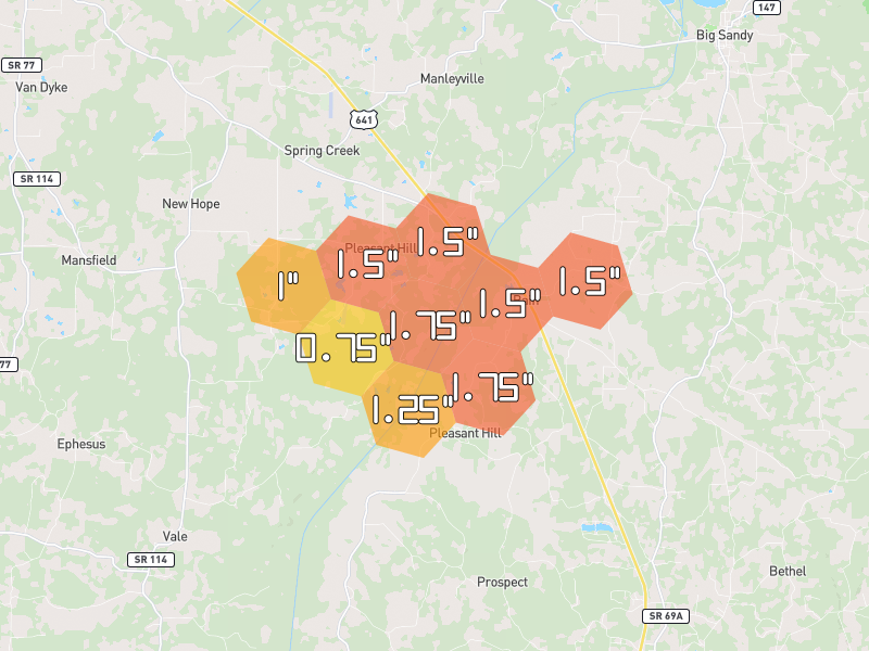 Hail map of Mansfield, TN on Jul 2, 2026, hail up to 1.75"