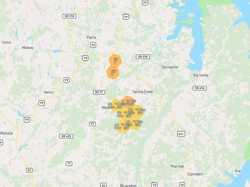 Hail map of Mansfield, TN on Jul 3, 2026, hail up to 1.25"