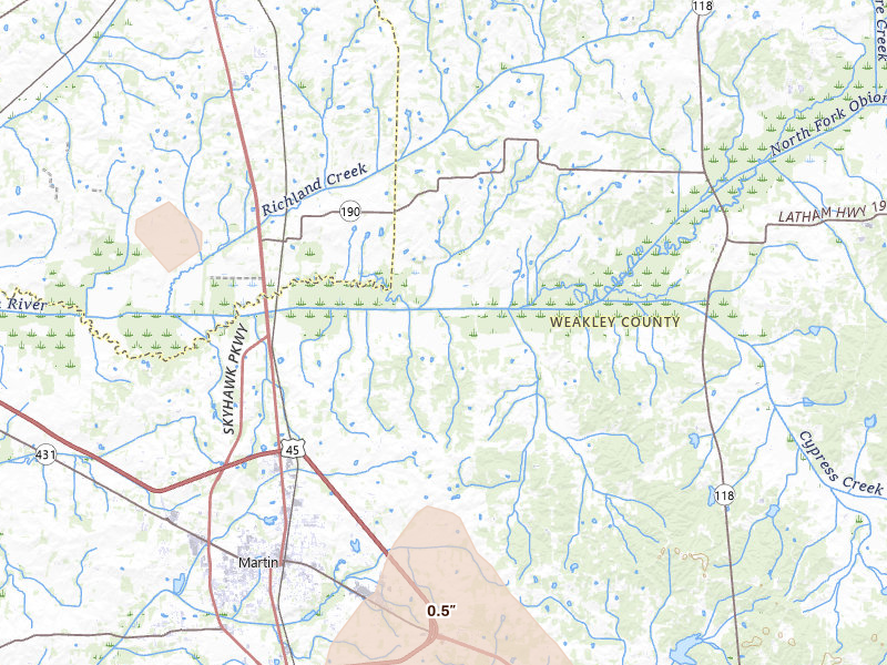Radar-estimated hail-size map of the storm over Martin, TN on May 31, 2026