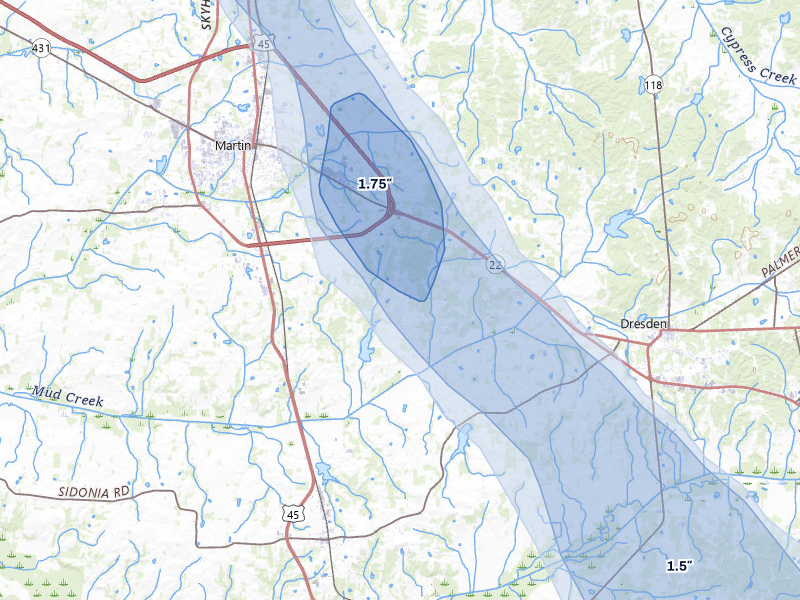 NEXRAD radar-signature map of the hail storm over Martin, TN on May 31, 2026