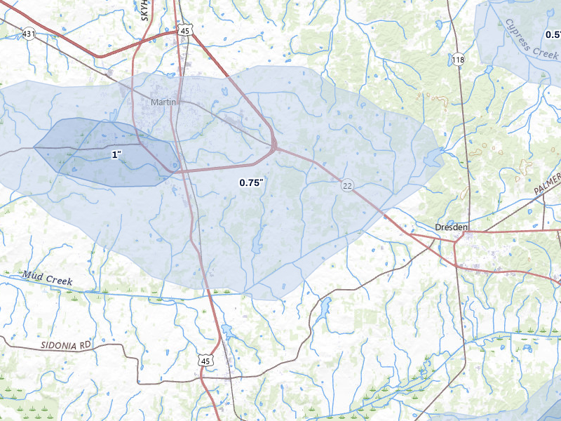 NEXRAD radar-signature map of the hail storm over Martin, TN on Jun 9, 2026