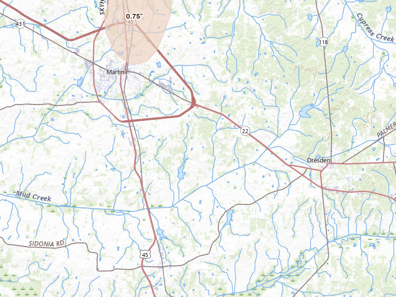 Radar-estimated hail-size map of the storm over Martin, TN on Jul 3, 2026