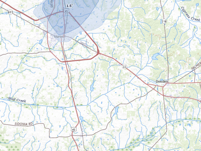 NEXRAD radar-signature map of the hail storm over Martin, TN on Jul 3, 2026