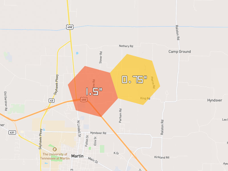 Hail map of Martin, TN on Jul 3, 2026, hail up to 1.5"