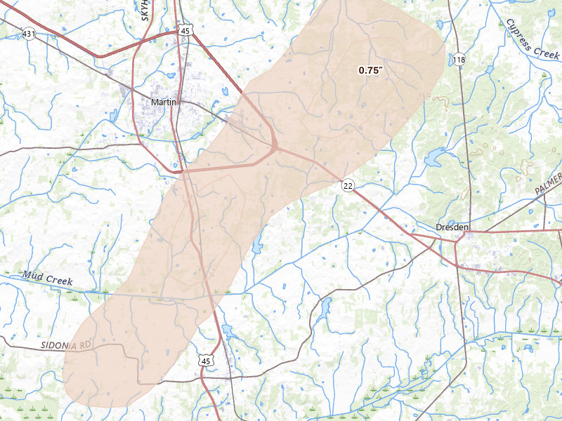 Radar-estimated hail-size map of the storm over Martin, TN on Jul 4, 2026