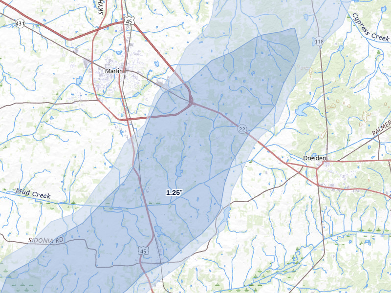 NEXRAD radar-signature map of the hail over Martin, TN