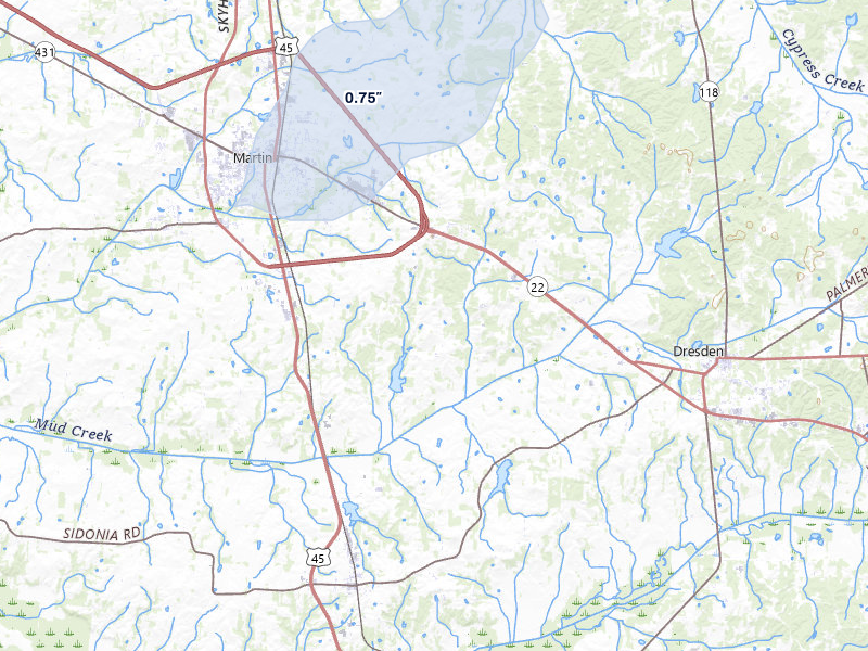 NEXRAD radar-signature map of the hail storm over Martin, TN on Jul 5, 2026