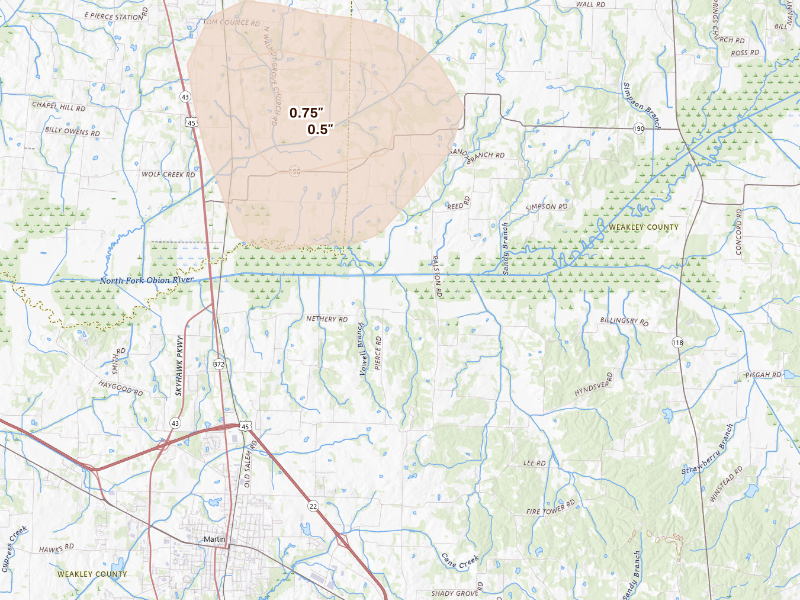 Radar-estimated hail-size map of the storm over Martin, TN