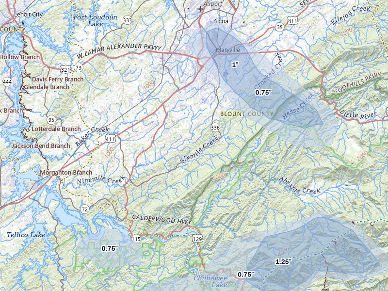 NEXRAD radar-signature map of the hail over Maryville, TN