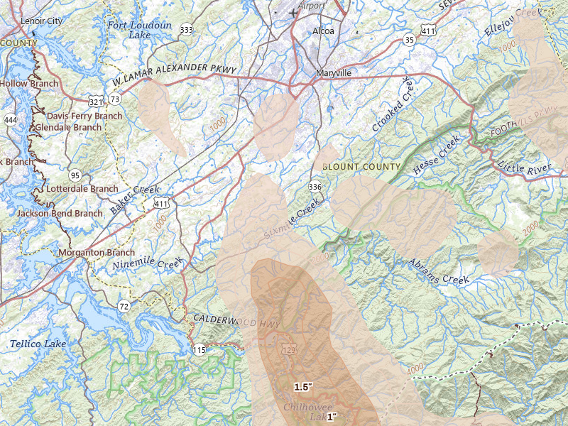 Radar-estimated hail-size map of the storm over Maryville, TN on Jul 28, 2026