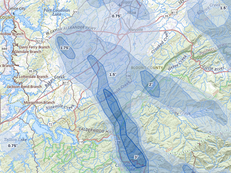 NEXRAD radar-signature map of the hail over Maryville, TN