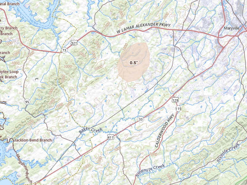 Radar-estimated hail-size map of the storm over Maryville, TN on Aug 7, 2026
