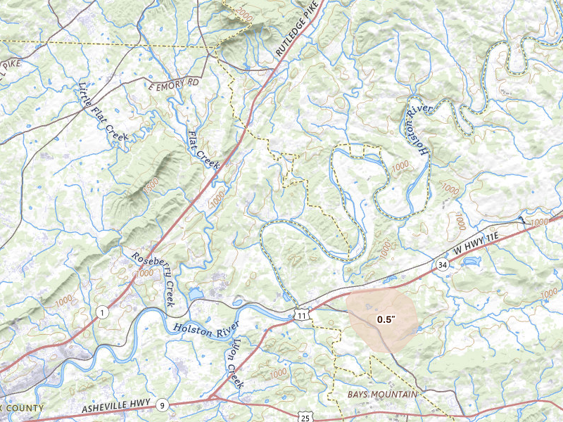 Radar-estimated hail-size map of the storm over Mascot, TN on Aug 11, 2026