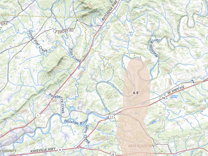 Radar-estimated hail-size map of the storm over Mascot, TN on Sep 5, 2026