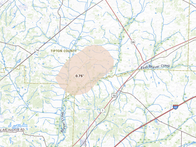 Radar-estimated hail-size map of the storm over Mason, TN on Aug 7, 2026