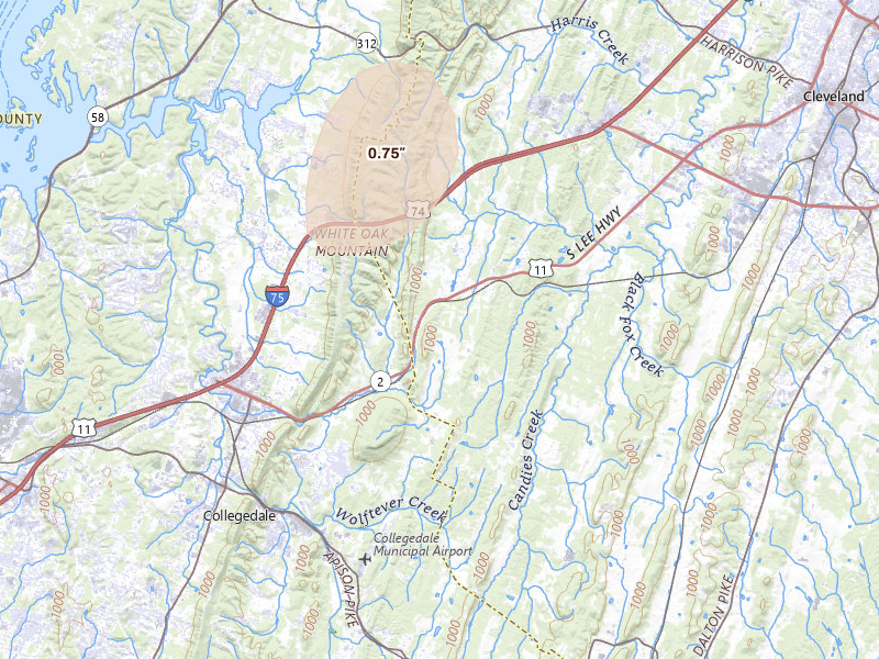 Radar-estimated hail-size map of the storm over Mc Donald, TN on Jul 5, 2026