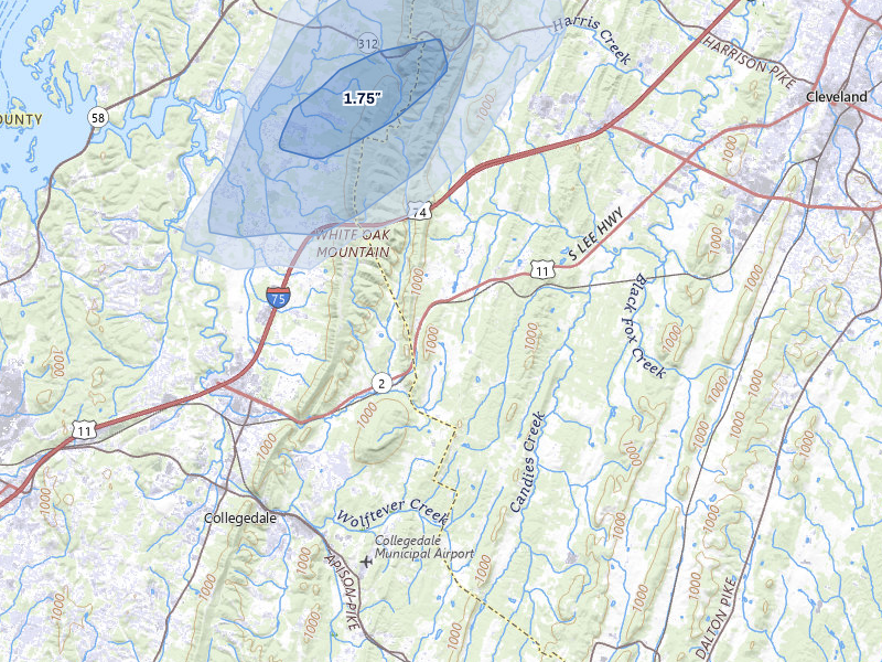 NEXRAD radar-signature map of the hail storm over Mc Donald, TN on Jul 5, 2026