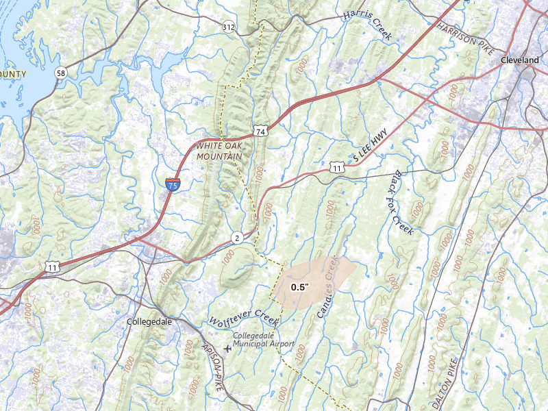 Radar-estimated hail-size map of the storm over Mc Donald, TN on Jul 9, 2026
