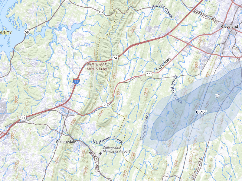 NEXRAD radar-signature map of the hail storm over Mc Donald, TN on Jul 9, 2026