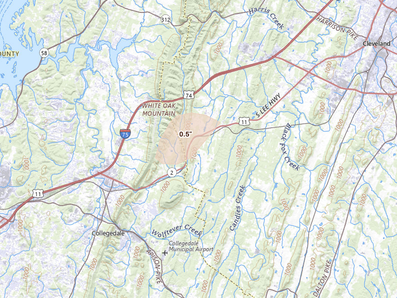 Radar-estimated hail-size map of the storm over Mc Donald, TN on Aug 1, 2026
