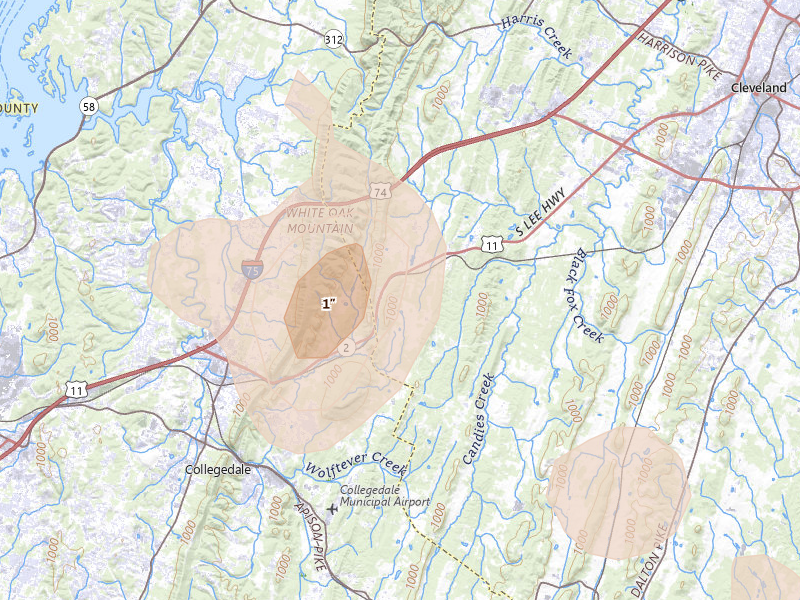 Radar-estimated hail-size map of the storm over Mc Donald, TN on Aug 7, 2026