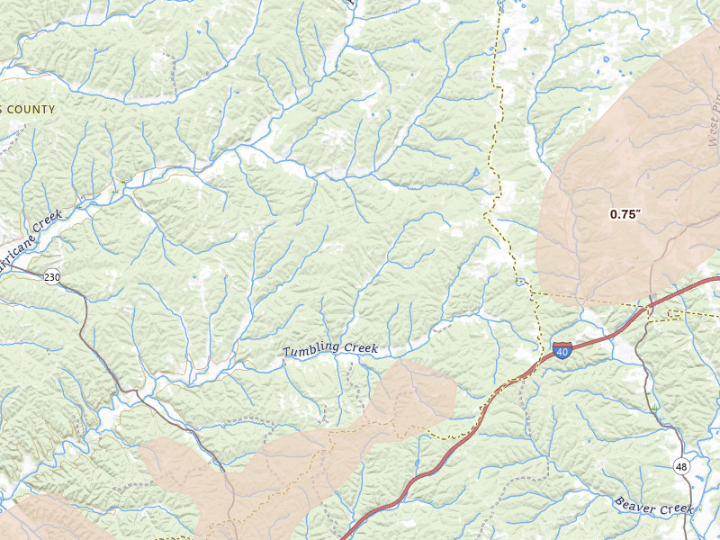 Radar-estimated hail-size map of the storm over Mc Ewen, TN on Mar 15, 2026