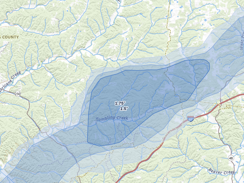 NEXRAD radar-signature map of the hail over Mc Ewen, TN