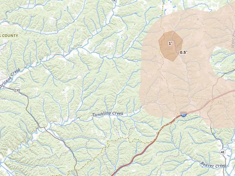 Radar-estimated hail-size map of the storm over Mc Ewen, TN on Apr 27, 2026