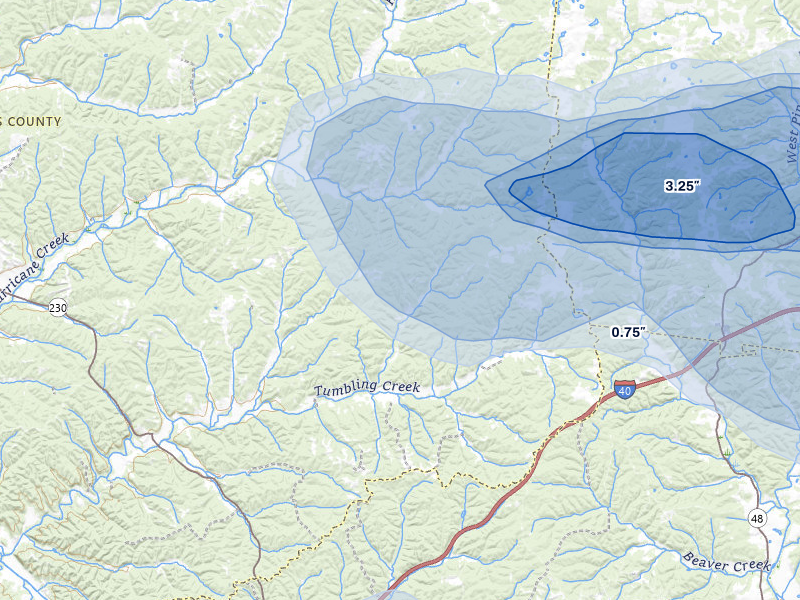 NEXRAD radar-signature map of the hail over Mc Ewen, TN