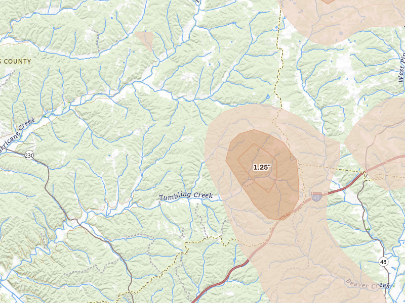 Radar-estimated hail-size map of the storm over Mc Ewen, TN on Jul 3, 2026