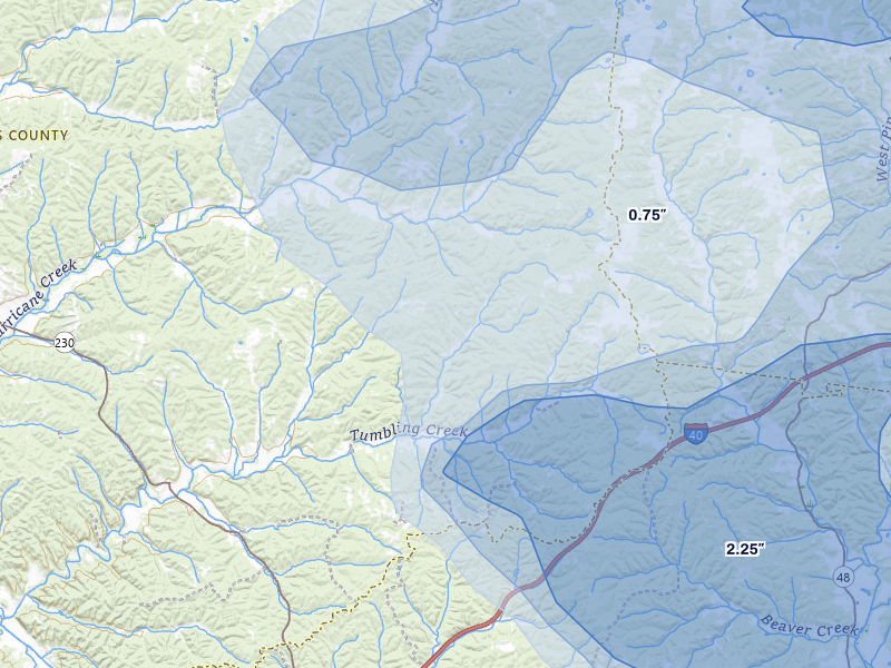 NEXRAD radar-signature map of the hail storm over Mc Ewen, TN on Jul 3, 2026