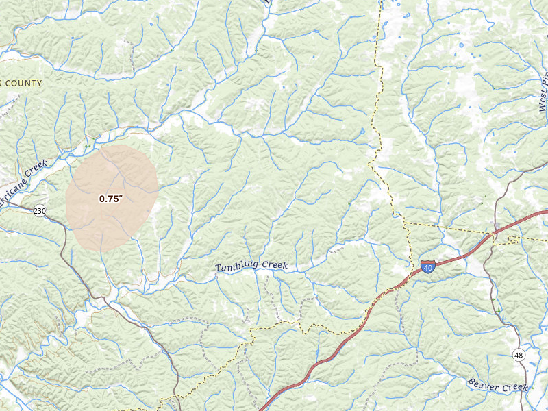 Radar-estimated hail-size map of the storm over Mc Ewen, TN on Jul 5, 2026