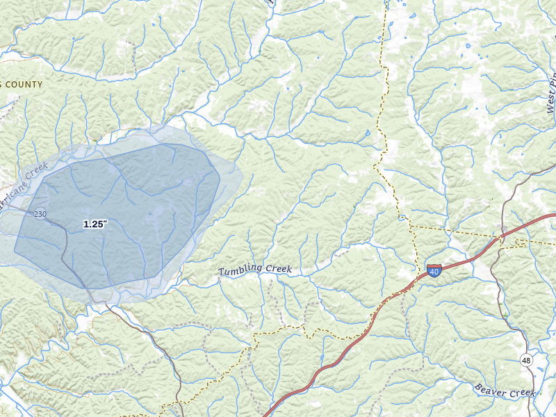 NEXRAD radar-signature map of the hail storm over Mc Ewen, TN on Jul 5, 2026