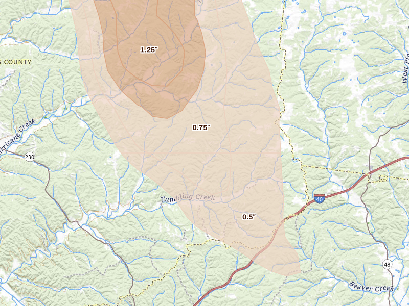 Radar-estimated hail-size map of the storm over Mc Ewen, TN on Jul 21, 2026