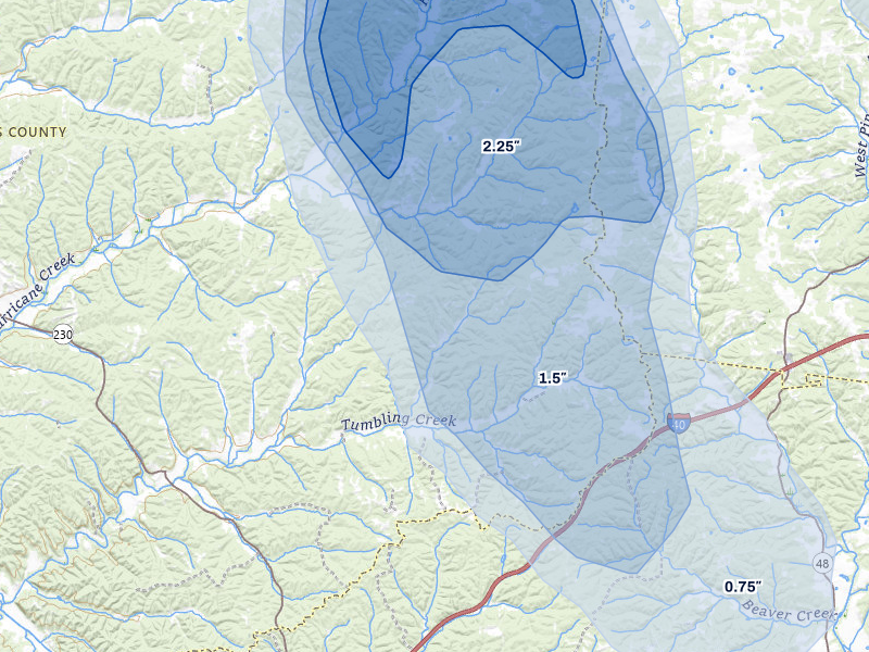 NEXRAD radar-signature map of the hail over Mc Ewen, TN
