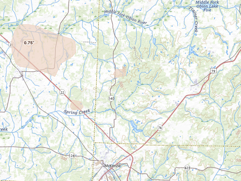 Radar-estimated hail-size map of the storm over Mc Kenzie, TN on Jun 1, 2026