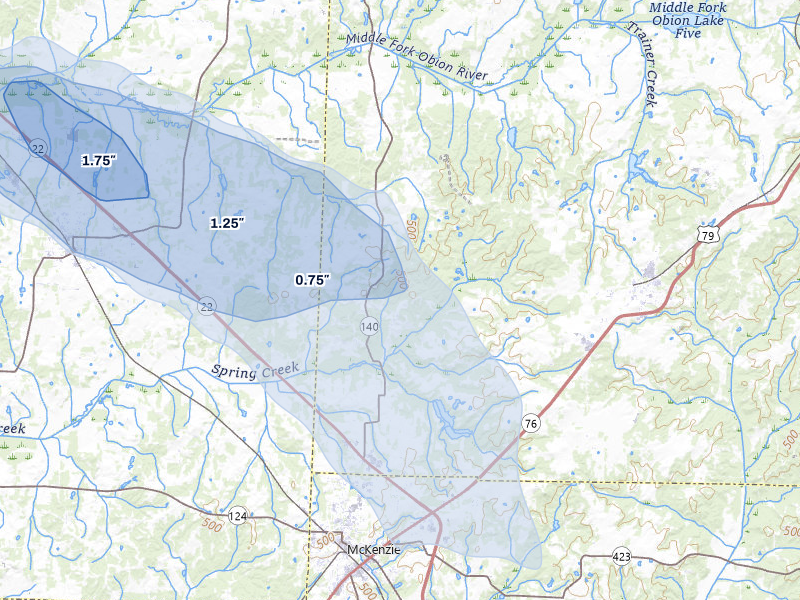 NEXRAD radar-signature map of the hail storm over Mc Kenzie, TN on Jun 1, 2026