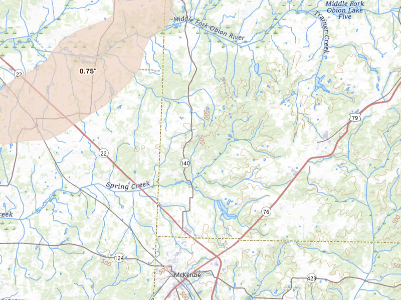 Radar-estimated hail-size map of the storm over Mc Kenzie, TN on Jun 9, 2026