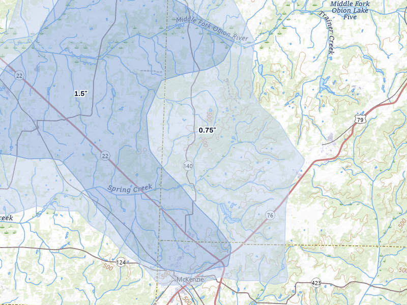 NEXRAD radar-signature map of the hail storm over Mc Kenzie, TN on Jun 9, 2026